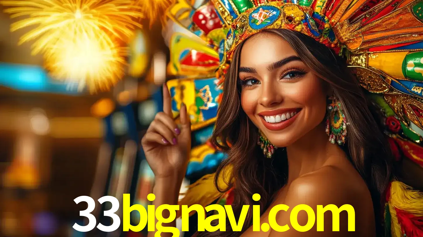 Mulher sorridente com um cocar de carnaval vibrante e colorido, celebrando uma grande vitória nos jogos do cassino 33bignavi.com com fogos de artifício ao fundo.