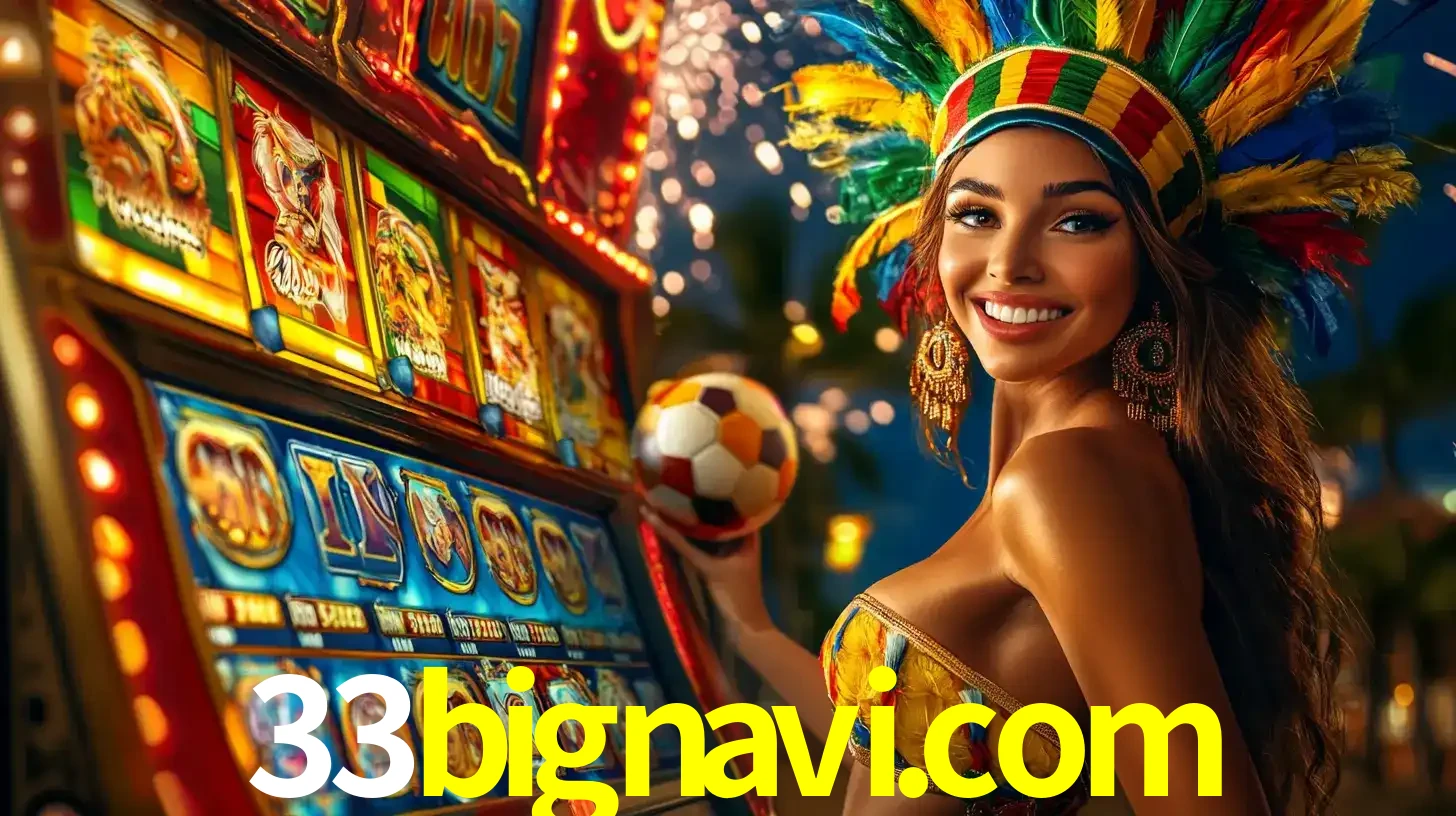 Mulher com um cocar de carnaval ao lado de uma máquina de caça-níqueis enquanto segura uma bola de futebol, mostrando a união da diversão de cassino e esportes no 33bignavi.com.