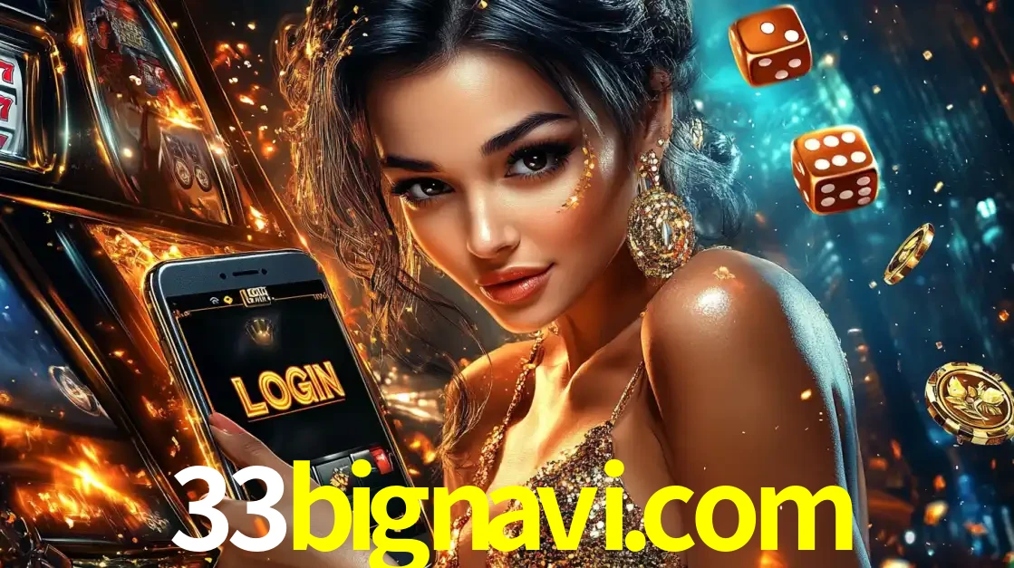 Mulher glamourosa segurando um celular com a tela de login do cassino 33bignavi.com, rodeada por dados e moedas douradas, pronta para começar a diversão.