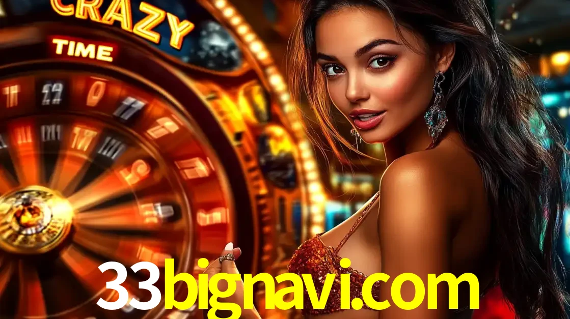 Mulher ao lado da roda de prêmios do jogo de cassino ao vivo Crazy Time, um dos shows de jogos mais emocionantes oferecidos pela plataforma de apostas 33bignavi.com.