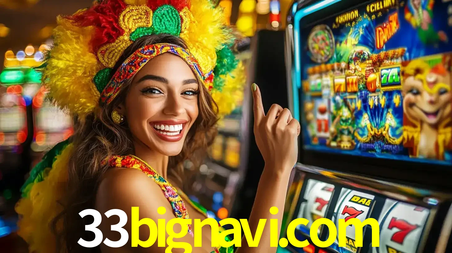 Mulher animada com um cocar de carnaval apontando para uma máquina de caça-níqueis, mostrando a emoção de ganhar um grande prêmio nos jogos do 33bignavi.com.