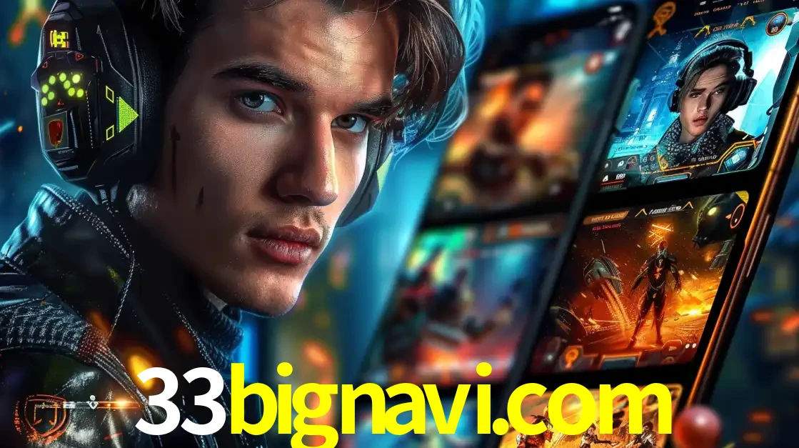 Jovem jogador com fones de ouvido olhando para a câmera, com um aplicativo de jogos e e-sports para celular ao fundo, pronto para a competição e apostas no 33bignavi.com.