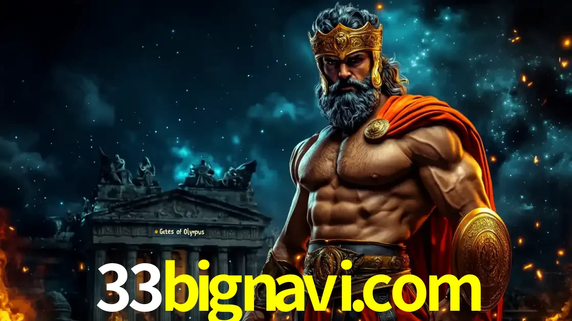 O poderoso Zeus do jogo de slot Gates of Olympus em frente ao seu templo, pronto para lançar multiplicadores divinos e prêmios épicos no cassino online 33bignavi.com.