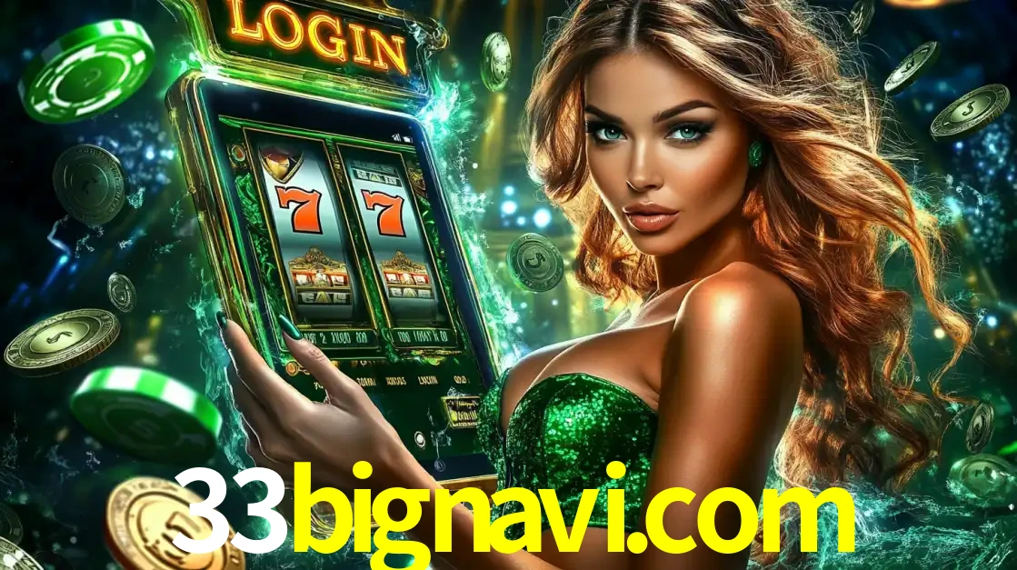 Mulher com tema verde apresentando o aplicativo do cassino 33bignavi.com com um jogo de slot de 777, cercada por fichas de cassino e uma aura de sorte.