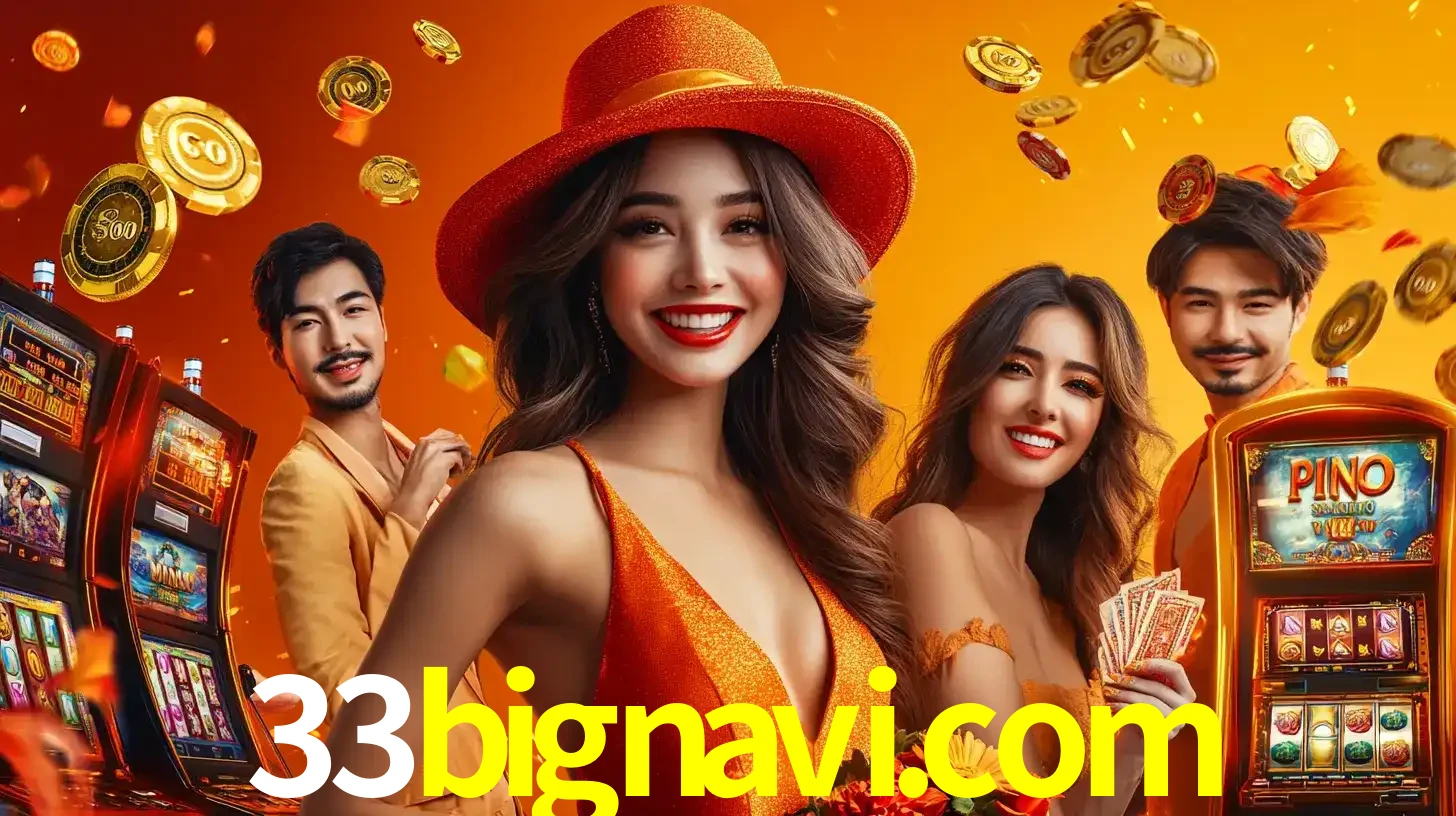 Grupo de amigos asiáticos sorrindo e se divertindo com máquinas de caça-níqueis em um ambiente festivo, celebrando suas vitórias nos jogos de cassino do 33bignavi.com.