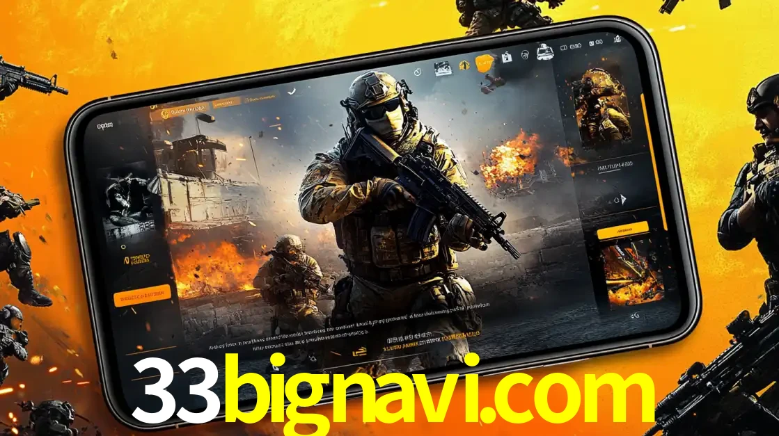 Um smartphone exibindo a interface de um jogo de tiro em primeira pessoa, com um soldado em um cenário de batalha, representando a ação dos e-sports para apostar no 33bignavi.com.