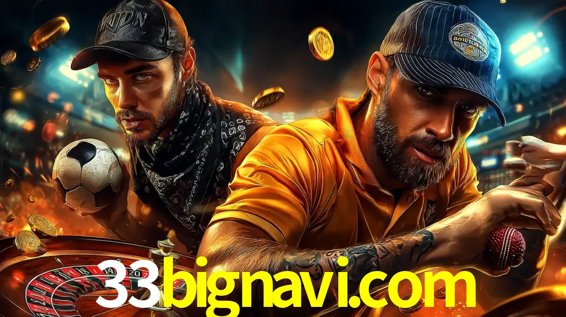 Montagem de apostas esportivas e cassino no 33bignavi.com, com um homem segurando uma bola de futebol e outro uma de beisebol sobre uma roleta e moedas voadoras.