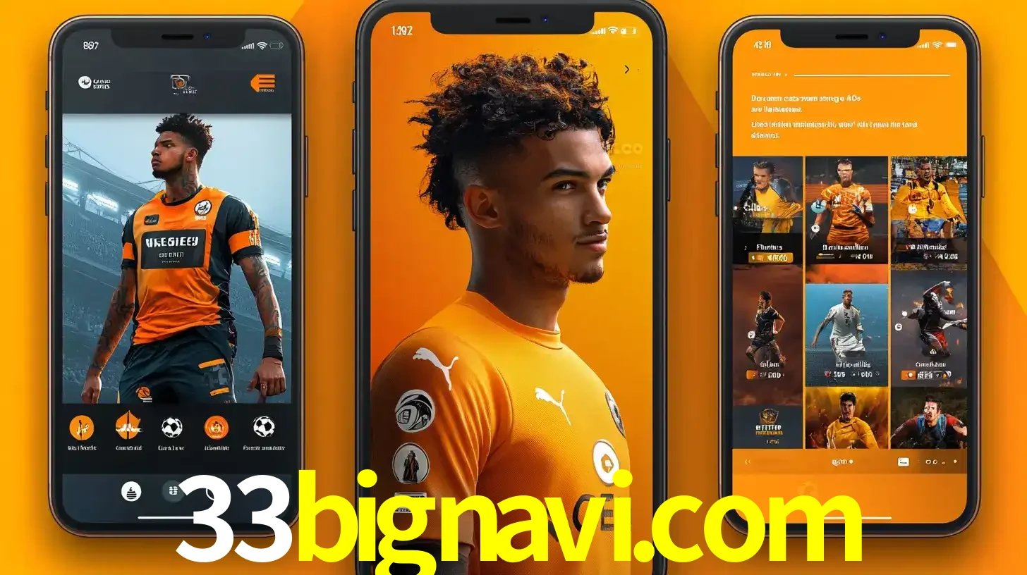 Interface do aplicativo de apostas esportivas 33bignavi.com em três telas de celular, mostrando o perfil de um jogador de futebol e a lista de jogos disponíveis para apostar.