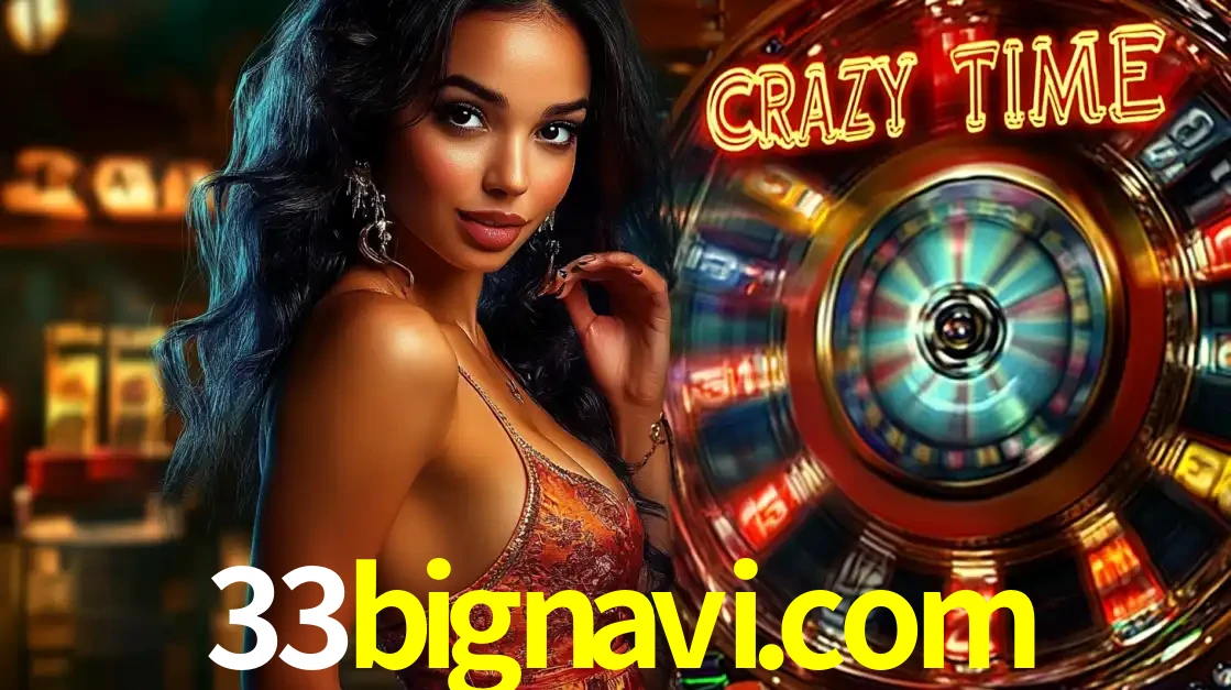Mulher elegante ao lado da vibrante roda da fortuna do jogo de cassino ao vivo Crazy Time, um dos game shows mais populares e cheios de prêmios do 33bignavi.com.
