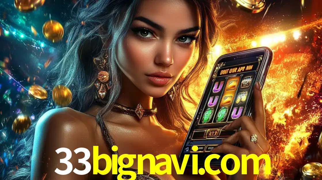 Mulher elegante mostrando um jogo de caça-níqueis em seu smartphone, destacando a experiência de cassino móvel oferecida pelo aplicativo 33bignavi.com.