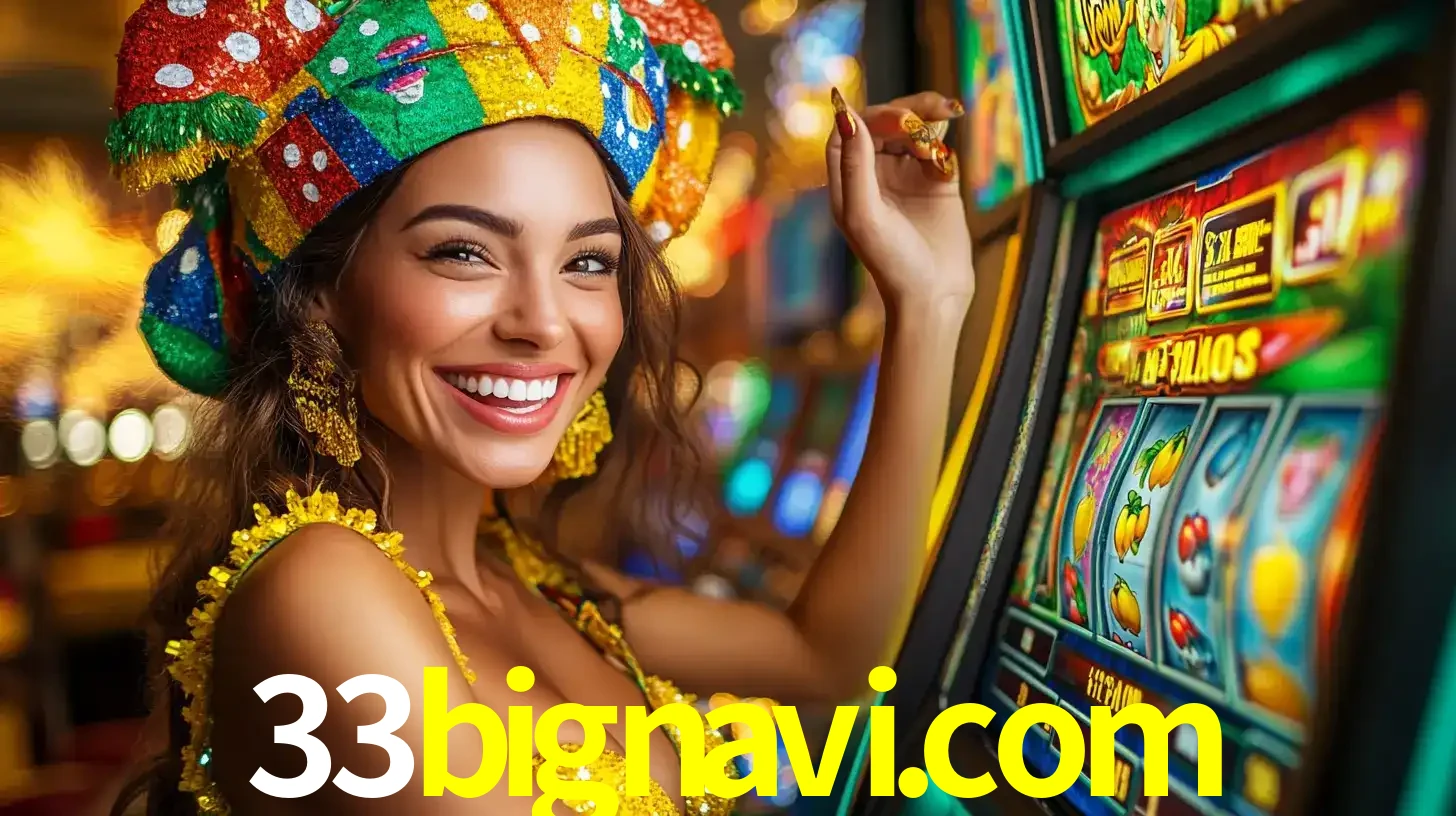 Mulher feliz com traje de carnaval amarelo e colorido ao lado de uma máquina de caça-níqueis, aproveitando a diversão e os jogos temáticos do cassino 33bignavi.com.