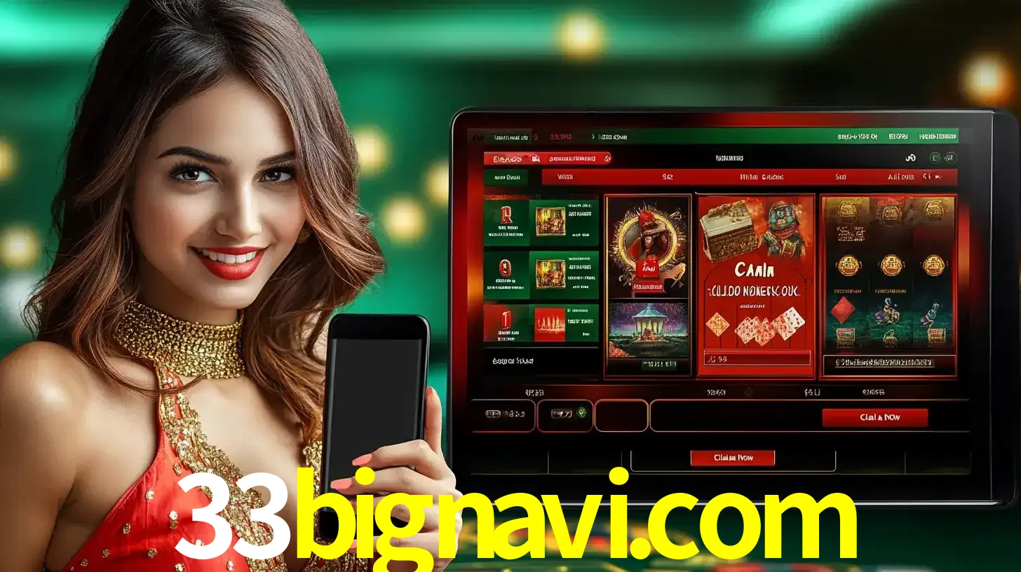 Mulher sorridente segurando um smartphone, ao lado de uma tela exibindo o lobby de jogos do cassino online 33bignavi.com, com várias opções de jogos de cartas e slots.